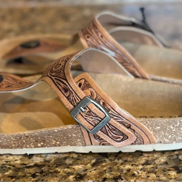 135. Myra Bag Tan Embossed Leather Sandals, Size 11, NWT - Picture 6 of 9